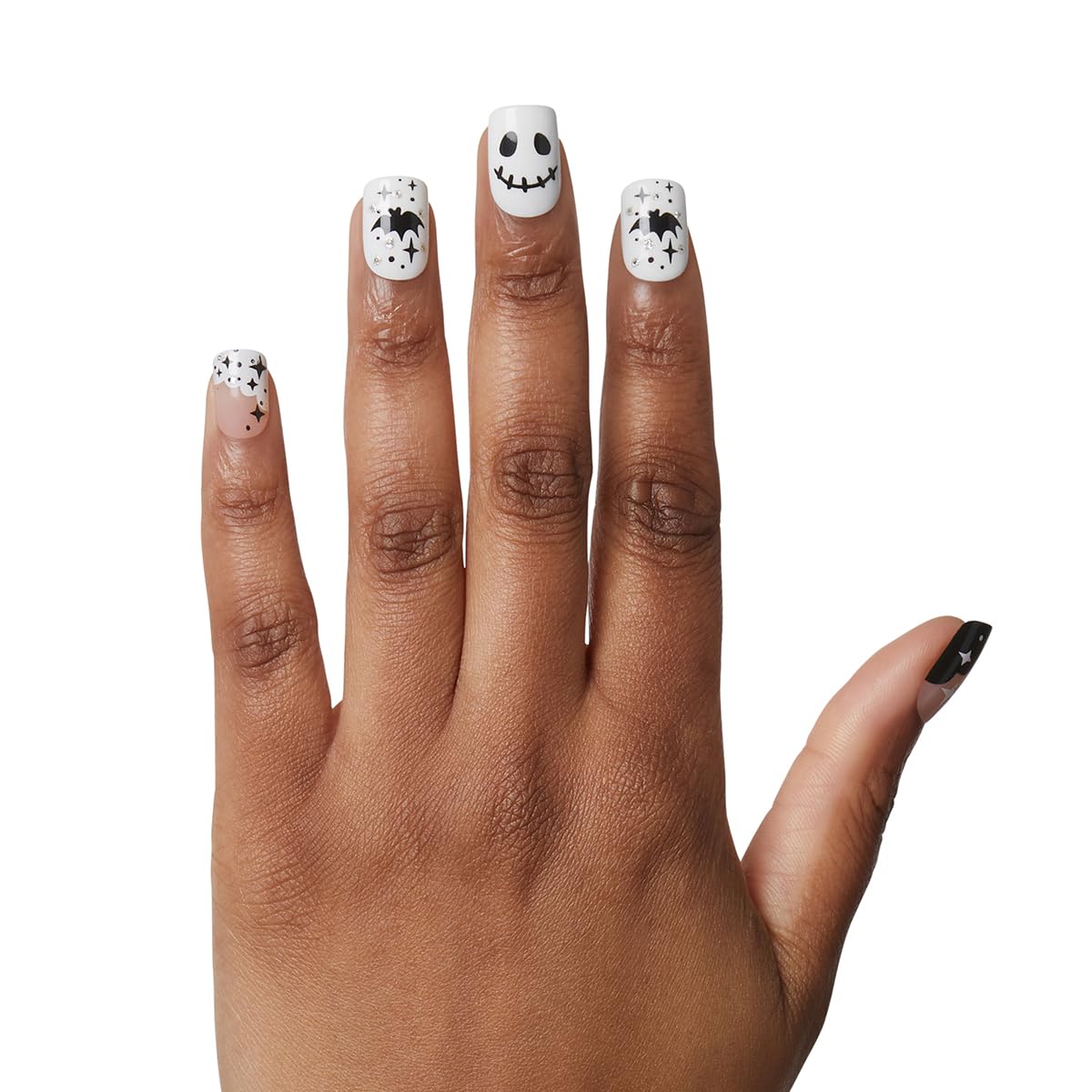 KISS Voguish Fantasy Halloween Nails, Black & White, Short Length, Square Shape, Pink Gel Nail Glue (2g), Mini Nail File, Manicure Stick, & 28 Fake Nails