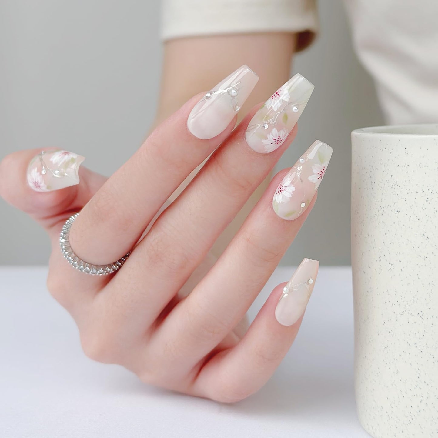 LARSOOY Nails Handmade Press on Nails Middle Long Coffin | Hand painted nails with Pink Flowers | Reusable Fake Nails with Design | False Nails 10 Pcs (Fragrance of China White, M)