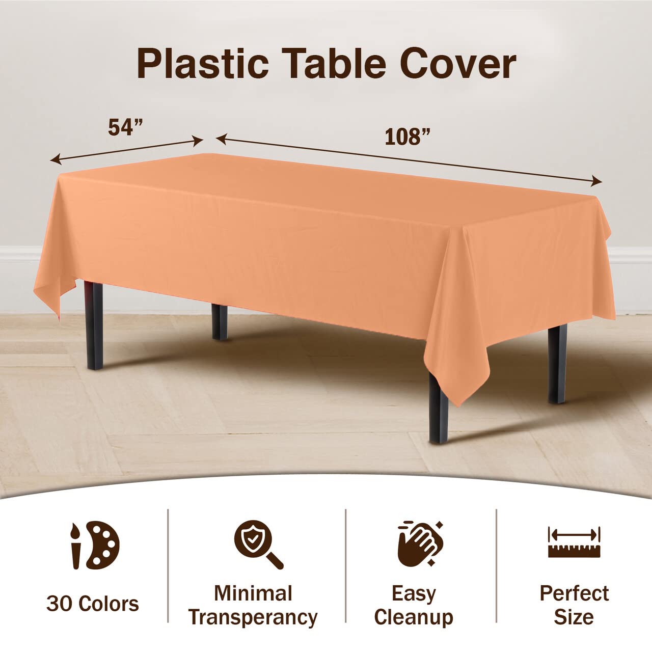 Exquisite 6-Pack Premium Plastic Tablecloth 54in. x 108in. Rectangle Plastic Table Cover - Peach