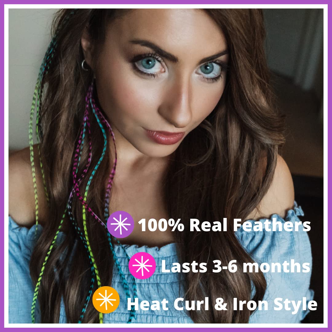 Tie Dye Feather Hair Extensions, 100% Real Rooster Feathers, 20 Long Thin Loose Individual Feathers, By Feather Lily