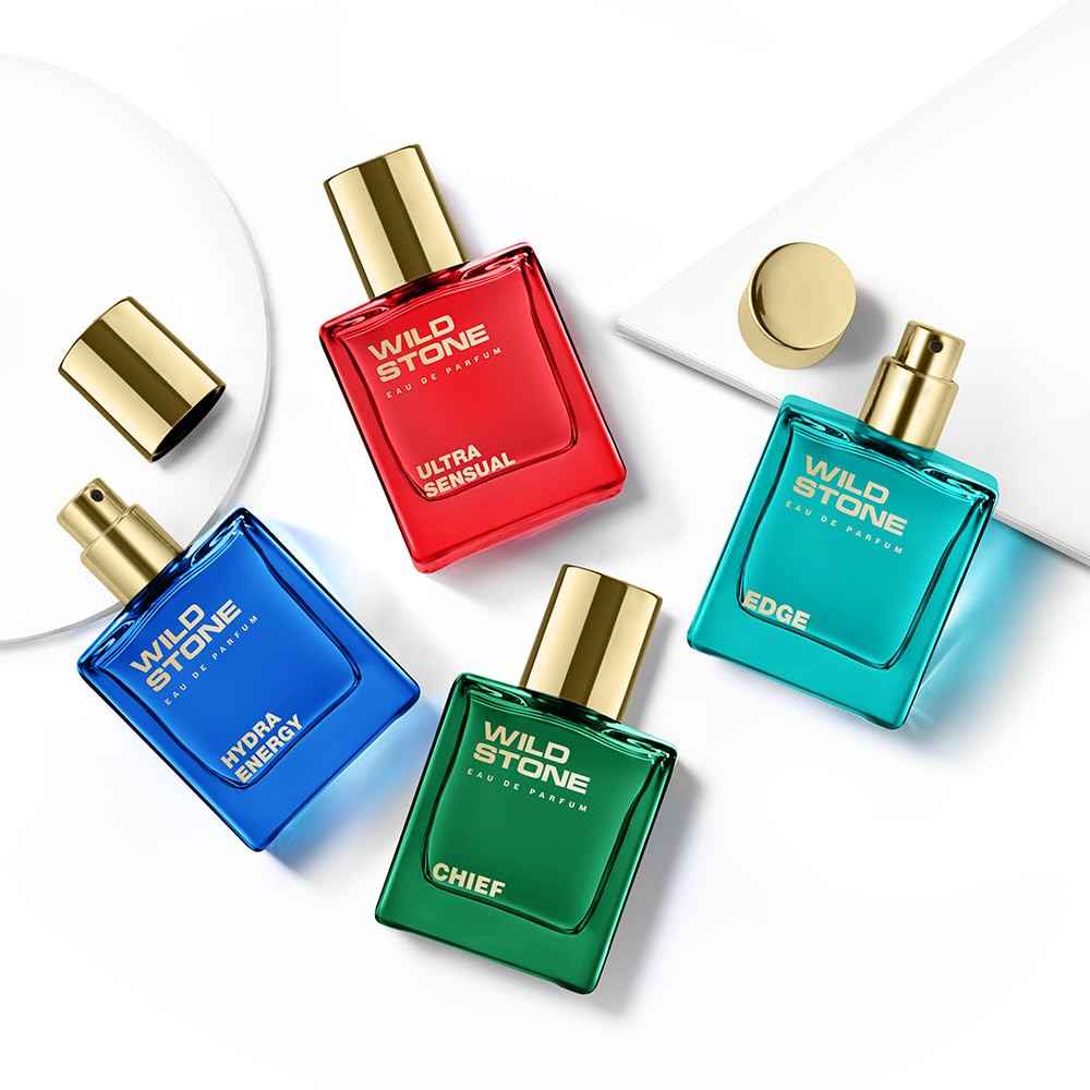 Wild Stone Men’s 4-Pack Eau de Parfum Gift Set (4 × 1 oz / 30 ml) — Edge, Ultra Sensual, Hydra Energy & Chief — Long-Lasting Masculine Fragrances