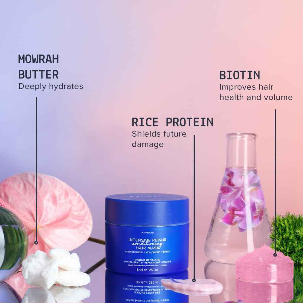 AAVRANI Intensive Repair Conditioning Hair Mask - Mask for Dry, Damaged Hair - with Biotin, Rice Protein, & Mowrah Butter to Repair - Vegan - 8.4 Oz