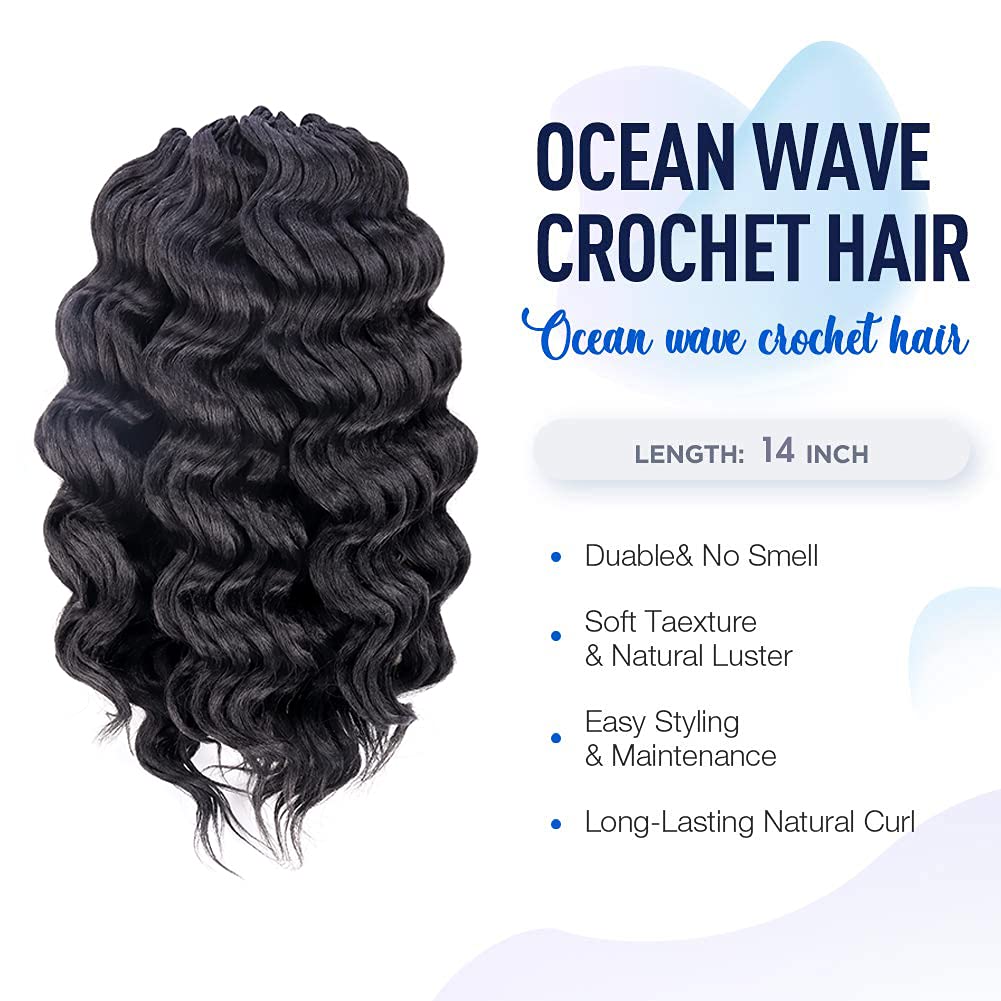 ToyoTree Ocean Wave Crochet Hair - 14 Inch 8 Packs Natural Black Mid-Length Curly Deep Wave Crochet Hair, Synthetic Ocean Wave Braiding Hair Extensions (14 Inch,1B-8P)