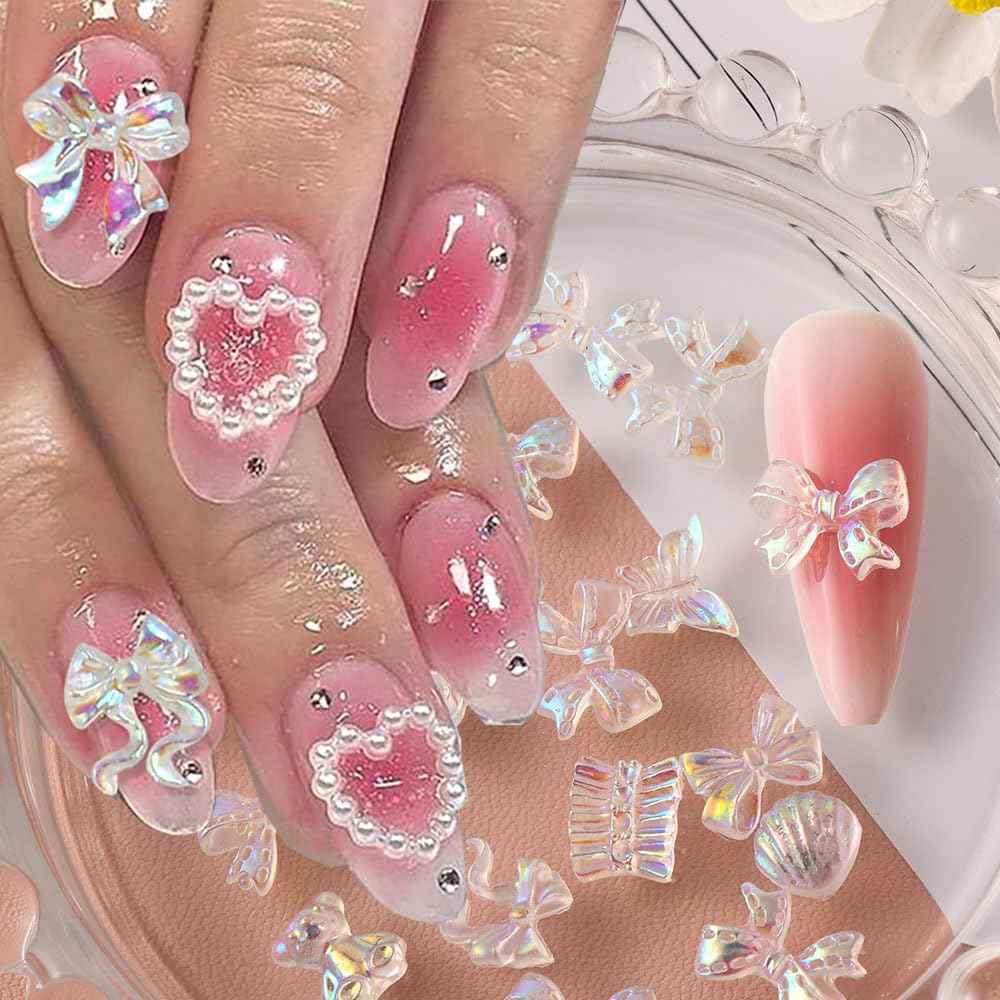 100pcs Mix Shapes Aurora Nail Art Charms - Camellia Bow, Resin Flower, Butterfly, Kawaii Bear, Moon, Heart Nail Charms