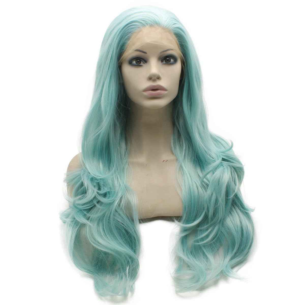 Mxangle Long Wavy Light Blue Half Hand Tied Synthetic Lace Front Wig Fiber Hair Costume Party Wig