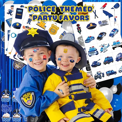 96 PCS Police Car Police Officer Policeman Pre-Cut Temporary Tattoos for Kids | Super Cute Theme Birthday Party Favors, Supplies, Decorations, Fake Tattoo Stickers (Multiple)