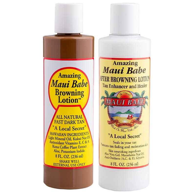 Maui Babe Browning Lotion 8oz & Maui Babe After Browning Lotion 8oz (9 Pc Deluxe Maui Babe Package) Outdoor Tanner & After Sun Enhancer Lotion Kit with Tanning Mitts, Travel Bottle, Draw String Bag &