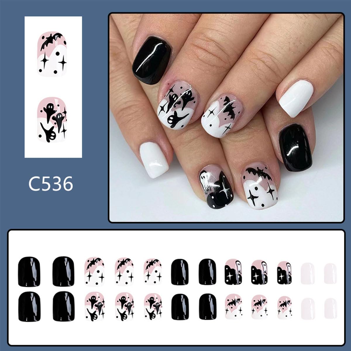 Halloween Press on Nails Short Square Halloween Fake Nails with Ghost Bats Design Black White French Tips False Nails Glossy Glue on Nails Cute Halloween Acrylic Stick on Nails for Women 24Pcs