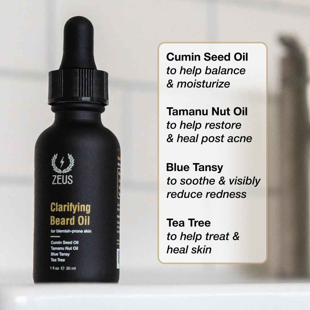 ZEUS Clarifying Beard Oil for Men, Hydrating Facial Hair Oil with Tea Tree for Sensitive Skin, Revitalizes, Treats Blemishes, Promotes Healthy Beard Growth (Made in USA) 1 fl. oz.