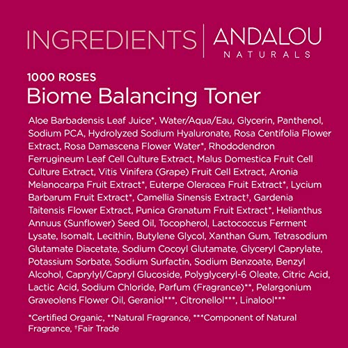 Andalou Naturals Toner, 1000 Roses Biome Balancing Facial Toner, Refreshing & Gentle on Sensitive Skin, Rose-Biotic Blend to Help Protect & Strengthen Skin Barrier, 6 Fl Oz Spray