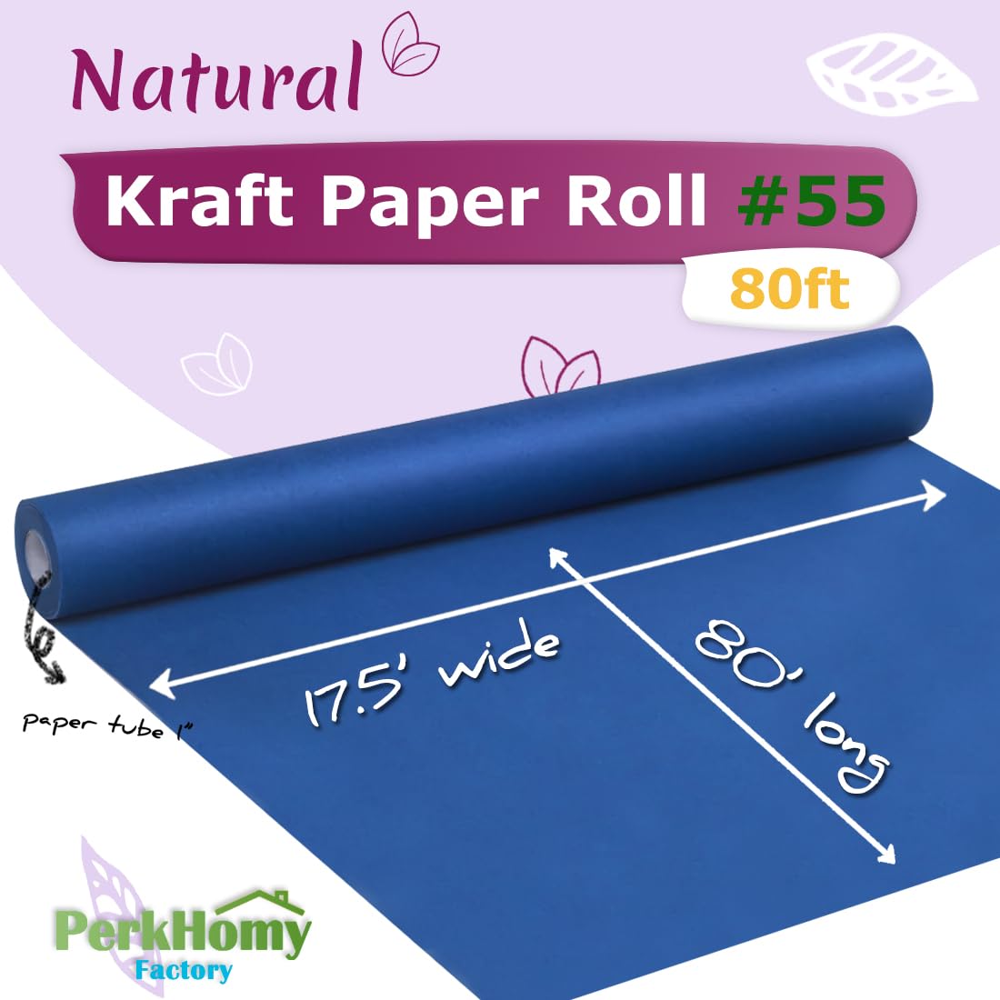 PerkHomy Blue Kraft Paper Roll 17.5" x 960" (80') for Gift Wrapping Bulletin Board Bouquet Flower Kids Wall Art Craft Packing Moving Shipping Parcel Postal Floor Covering Table Runner 80GSM 55LB