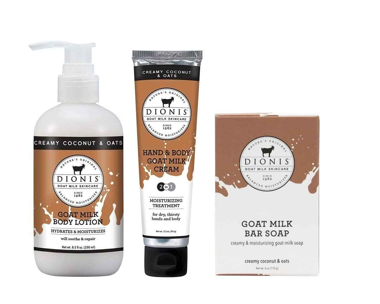 Dionis Goat Milk Skincare Creamy Coconut & Oats Scented Lotion 8.5oz, Hand & Body Cream 3.3oz and Bar Soap 6oz Bundle