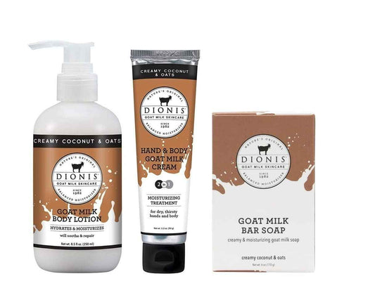 Dionis Goat Milk Skincare Creamy Coconut & Oats Scented Lotion 8.5oz, Hand & Body Cream 3.3oz and Bar Soap 6oz Bundle
