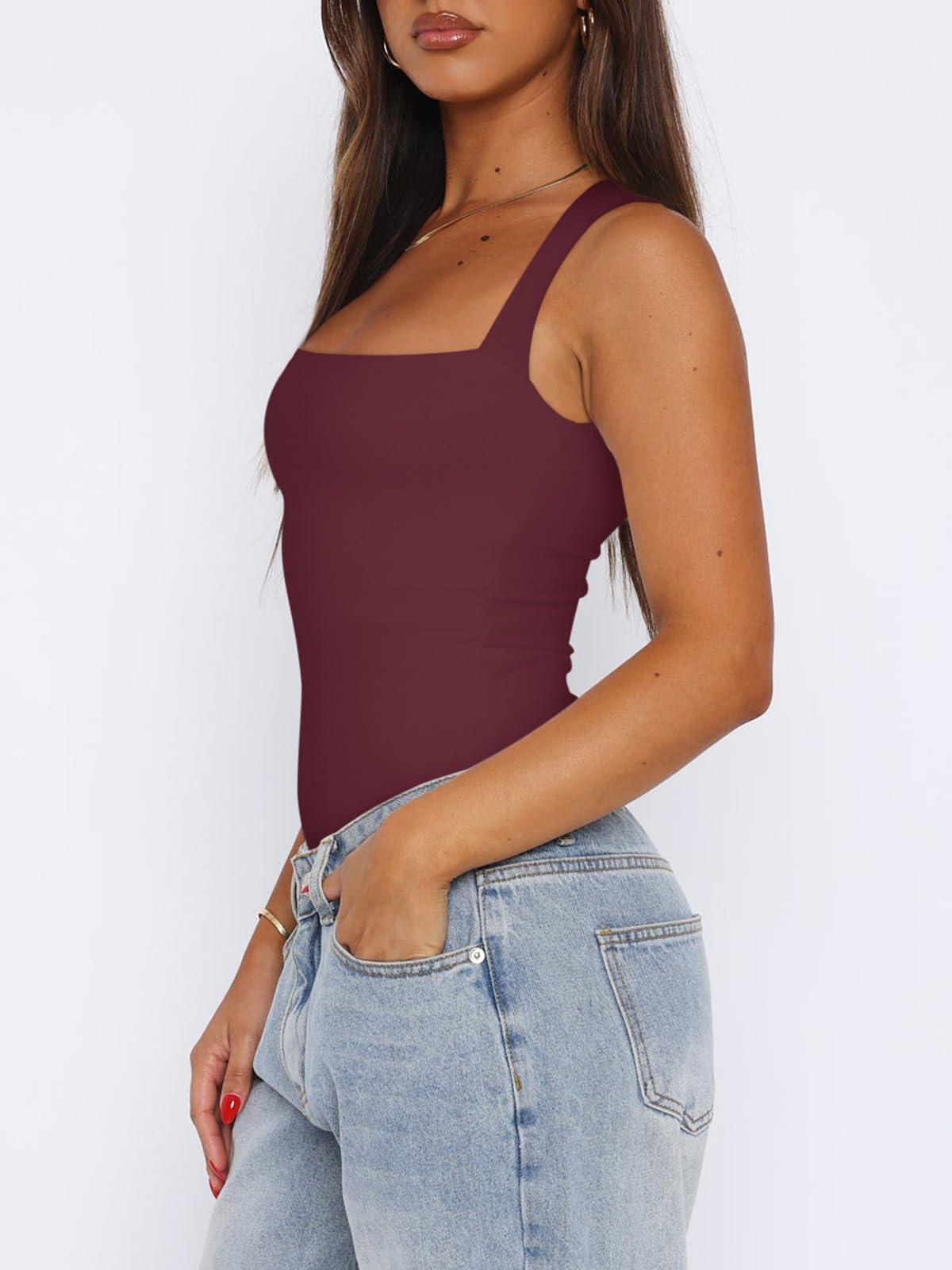 REORIA Womens Summer Sexy Sleeveless Square Neck Double Lined Going Out Cute Thong Bodysuit Tank Tops Burgundy X-Small