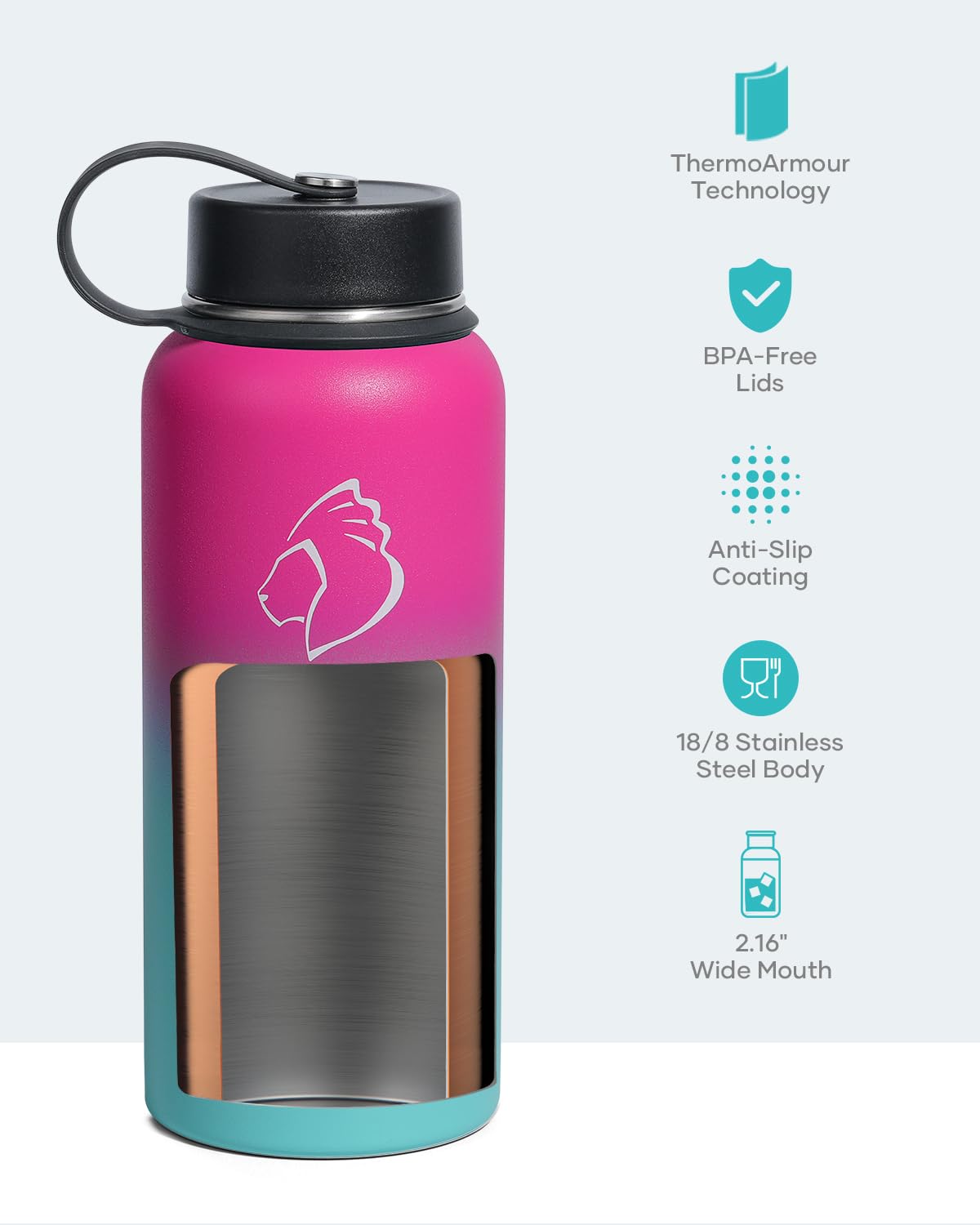 BUZIO Insulated Water Bottle with Straw Lid and Flex Cap, 32oz Double Wall Vacuum Stainless Steel Thermo with Wide Mouth Lid, Cold 48 Hrs Hot 24 Hrs Sweat Proof Flask, Rose and Green