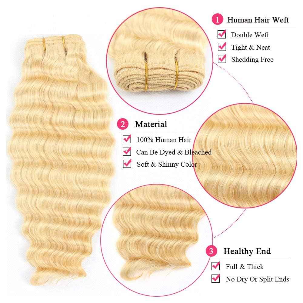 12A 613 Blonde Deep Wave Human Hair Bundles 18Inch 100% Unprocessed Brazilian Virgin Hair Extensions, Soft Double Weft Weave Curly Deep Wave Bundles Human Hair for Women (18inch)