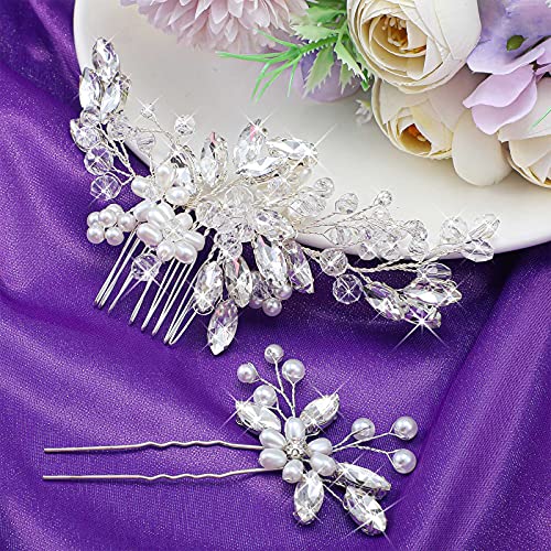 Wedding Hair Comb & 4 Bridal Pins Crystal Pearl Set