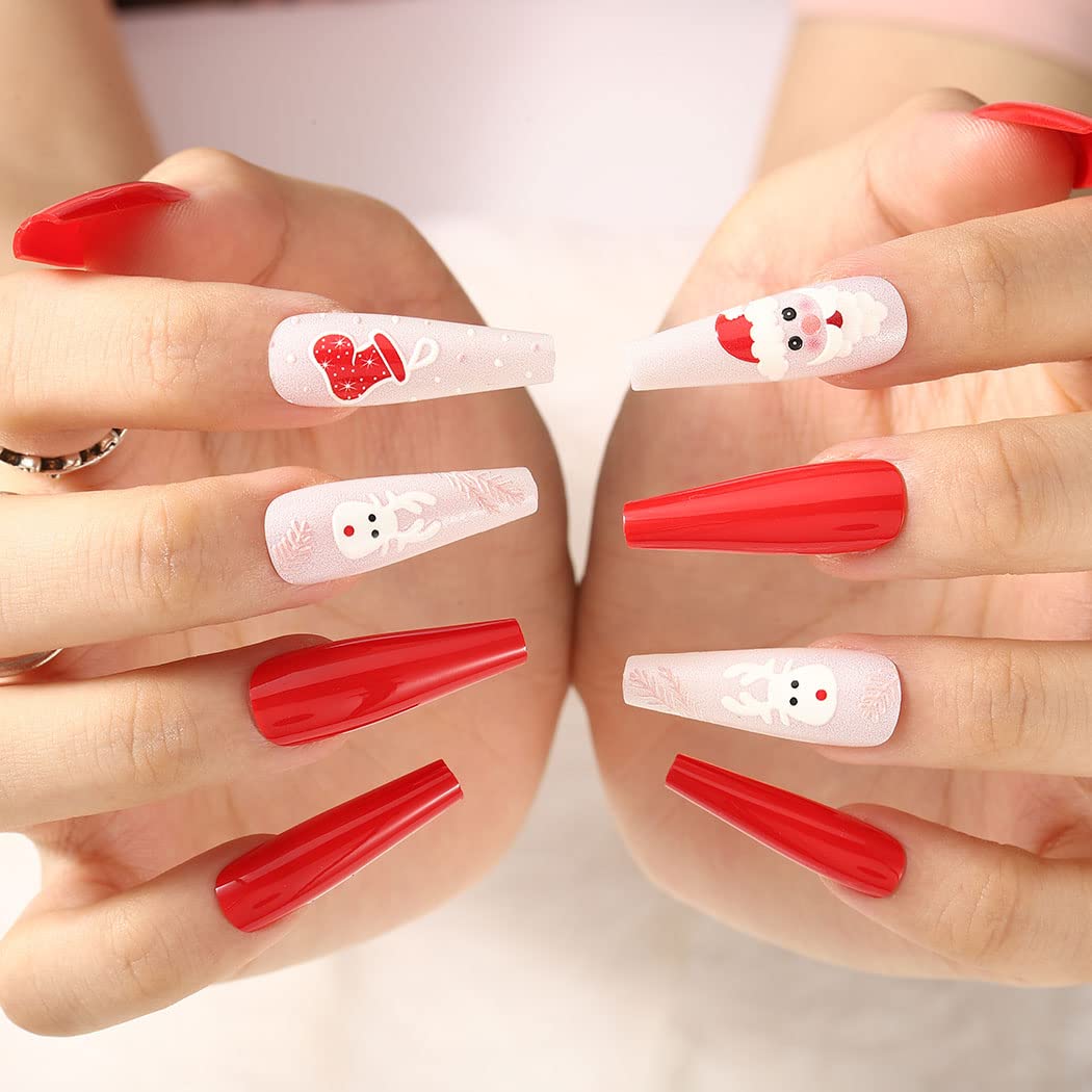 Uranian Coffin Extra Long Press on Nails Snowflake Red Christmas Fake Nails Elk Ballerina Glossy Full Cover False Nails Santa Claus Acrylic Nails Tips for Women and Girls 30 PCS (Pattern-D)