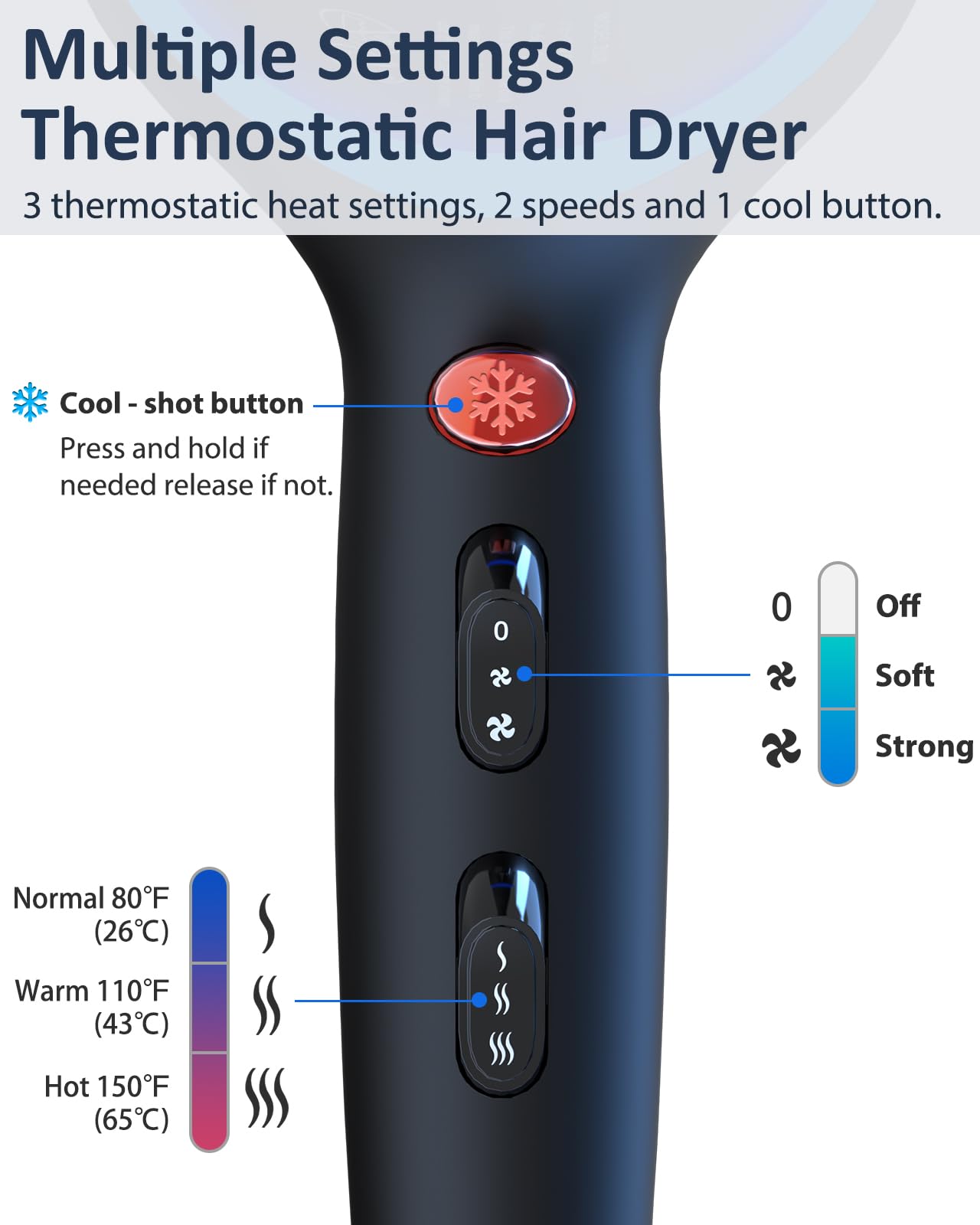 Hair Dryer with Diffuser, Professional Ionic Hair Dryer with Blue Light AC Motor, 2000W Fast Drying Hair Blow Dryer Low Noise Care Hairdryer for Women (Black with 2*Nozzle+Diffuser)