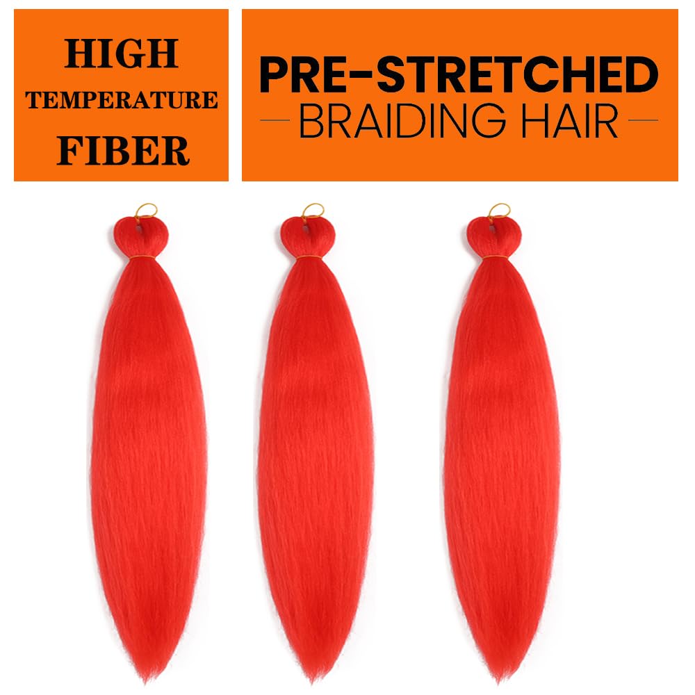 Pre Stretched Braiding Hair 26 Inch Ombre Red Kanekalon Braiding Hair Extensions Hot Water Setting Crochet Box Braids Hair (26 Inch (Pack of 3), Scarlet Red)