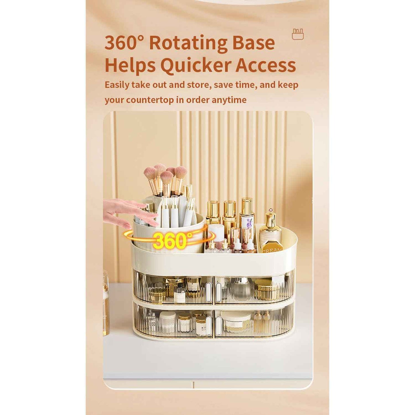 Rotating Makeup Organizer for Vanity, 3-Tier Large Capacity Countertop Storage with 4 Dust-Proof Drawers, Easily Hold Lipsticks, Jewelry, Brushes