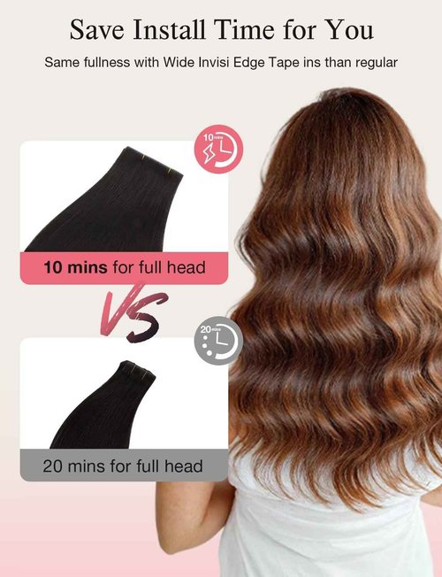 DOORES Invisi Edge Seamless Tape in Wide Hair Extensions Human Hair, Natural Black 4PCS Injection Tape ins 20g 20 Inch, 3 Inch Wide Injected Natural Virgin Human Extensions Invisible