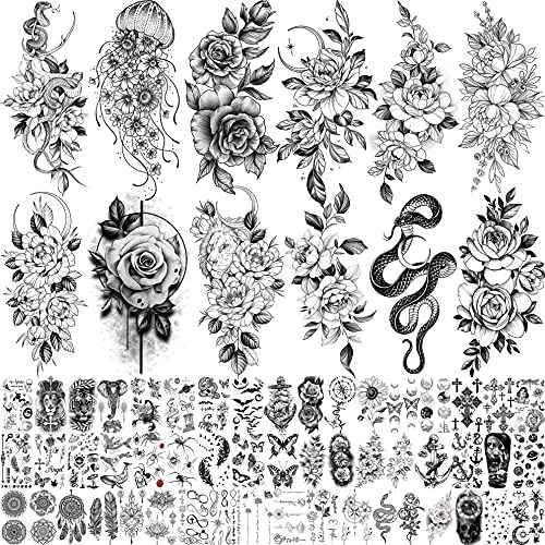 64 Sheets Long Lasting Flower Temporary Fake Tattoos For Women Arm Neck, Jellyfish Sunflower Moon Rose For Adults Girl, 3D Temp Realistic Snake Tatoo Stickers Serpent Peony Floral Kids