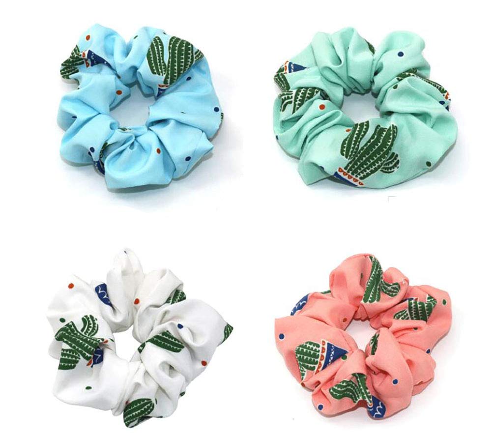 Fodattm 4PCS Elastic Hair Scrunchies Hair Bands Hair Ties Scrunchy Hair Rope Ponytail Holder for Women (Cactus pattern)