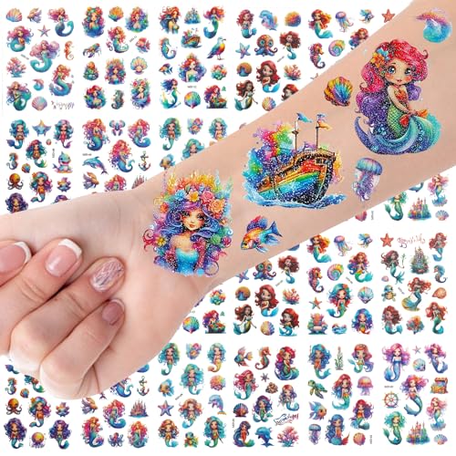 SUNAI Mermaid Temporary Tattoos - 145Pcs Glitter Styles, 12 Sheets