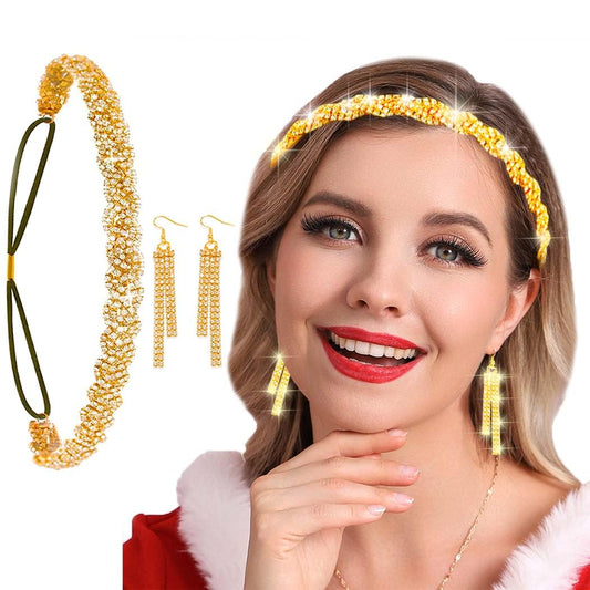 Fstrend Christmas Rhinestone Headband Gold Tassel Earrings Elastic Crytal Headpieces Xmas for Women (Gold)