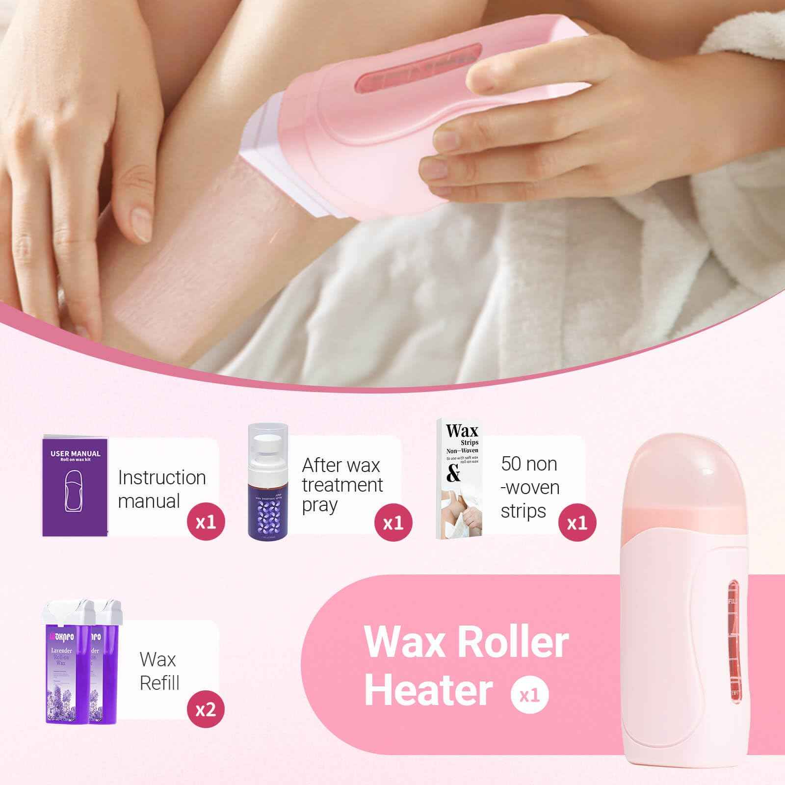 Waxpro Roll On Wax Kit for Women - Easy to Use - At-Home Hair Removal for Body (Arms & Legs) with 2 Honey Wax Roller Cartridges & 50 Strips (Pink)