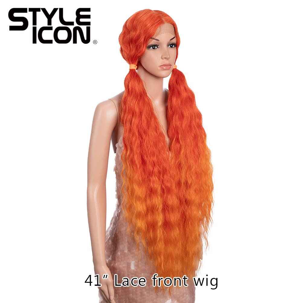 Style Icon 41" Lace Front Wigs Long Wavy Synthetic Wigs with Baby Hair Ombre Orange Bohemian Style Middle Part Half Hand Tied 130% Density Wigs (41", T-RED/ORANGE)