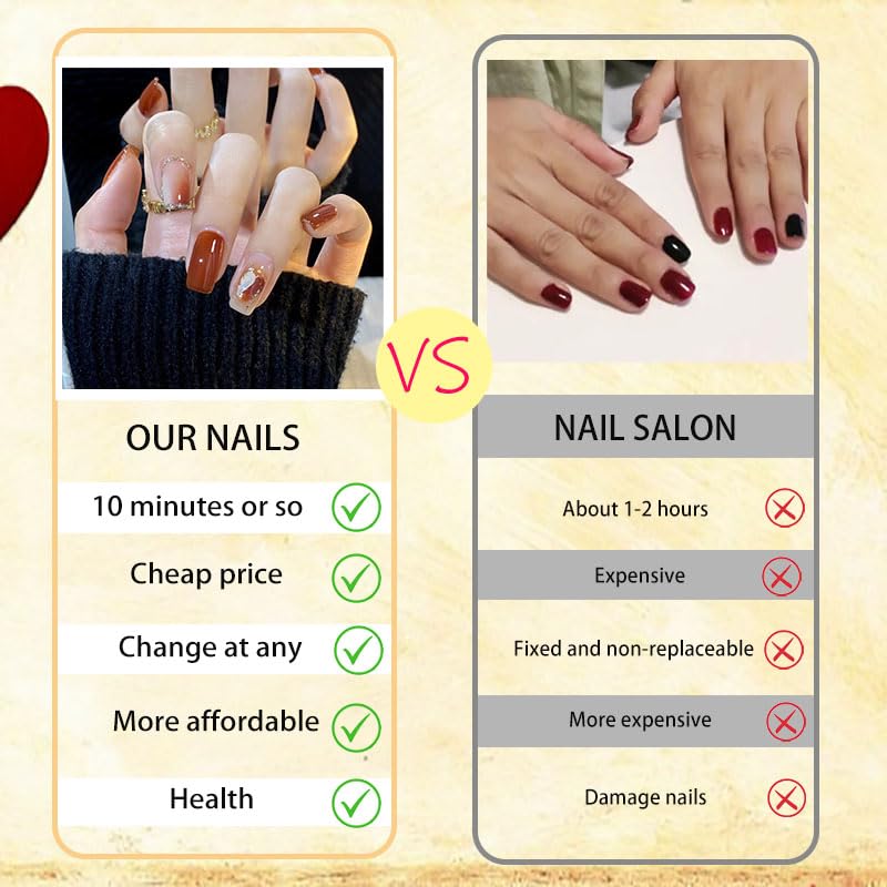 Press nails,HUIYUNTIAN Medium and long fake nails, perfect fit, Square fake nails, 12 sizes -24 gel fake nails set, cream red brown