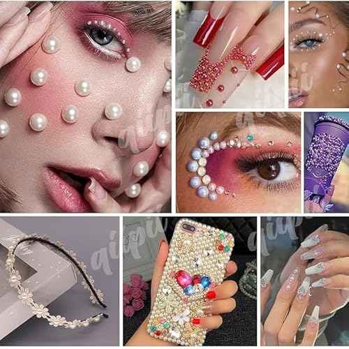 3mm-10mm Flatback Pink Pearls and Resin Rhinestones w B7000 Jewelry Glue for Bedazzling Crafting White AB Half Pearls Gems Stones Diamonds Charms for Face Eyes Makeup Tumblers Bottles Beauty