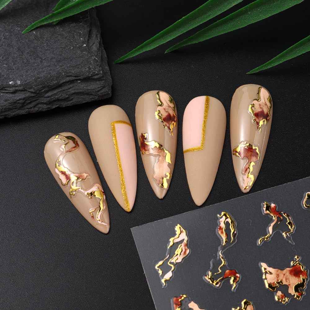 3D Bronzing Gold Marble Nail Art Stickers, 6pcs Blue Purple Irregular Gild Stamping Decals for Women Designs, Self Adhesive Accessories