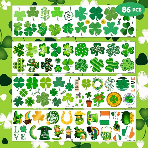86 PCS Lucky Shamrock Temporary Tattoos - Saint Patrick's Day Party Favors