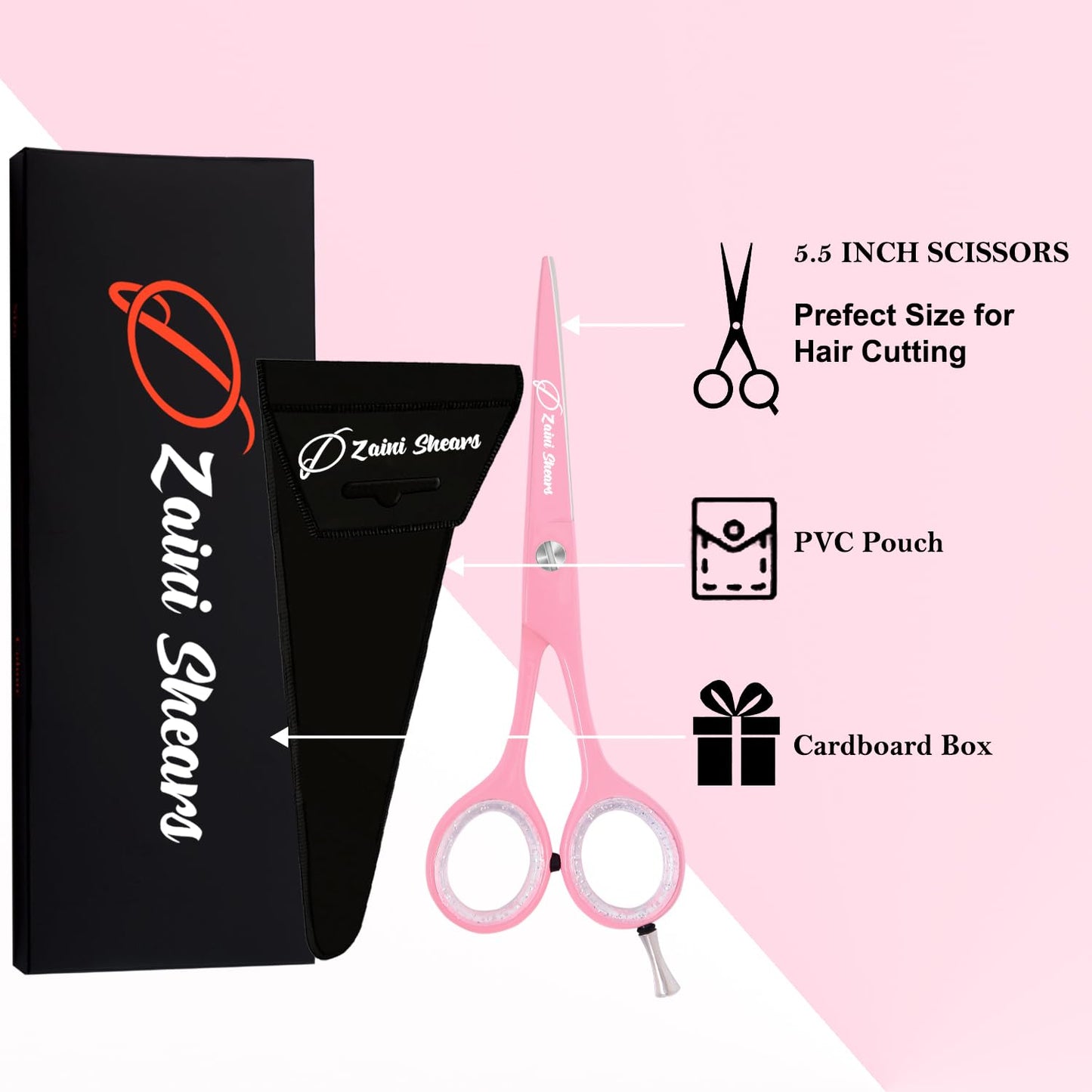 Zaini Shears Hair Cutting Scissors Extremely Sharp Right-Hand Razor Edge - 5.5” Overall Length,Made of 420c Japanese Stainless Steel Salon Scissors Professional Barber Haircut Scissors (pink, 5.5'')