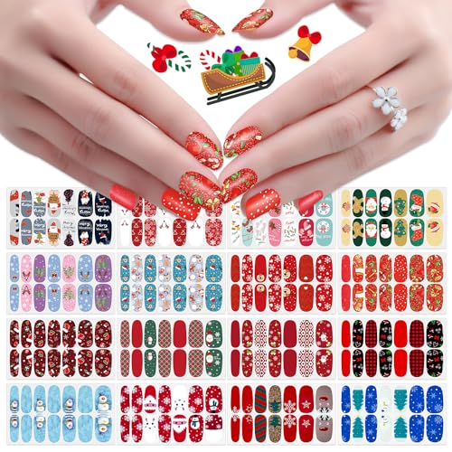 JERCLITY 224 Pieces 16 Sheets Christmas Nail Wraps Self-Adhesive Christmas Nail Polish Strips Santa Claus Snowflake Snowman Nail Strips Nail Stickers Full Nail Wraps for Women Nail Art