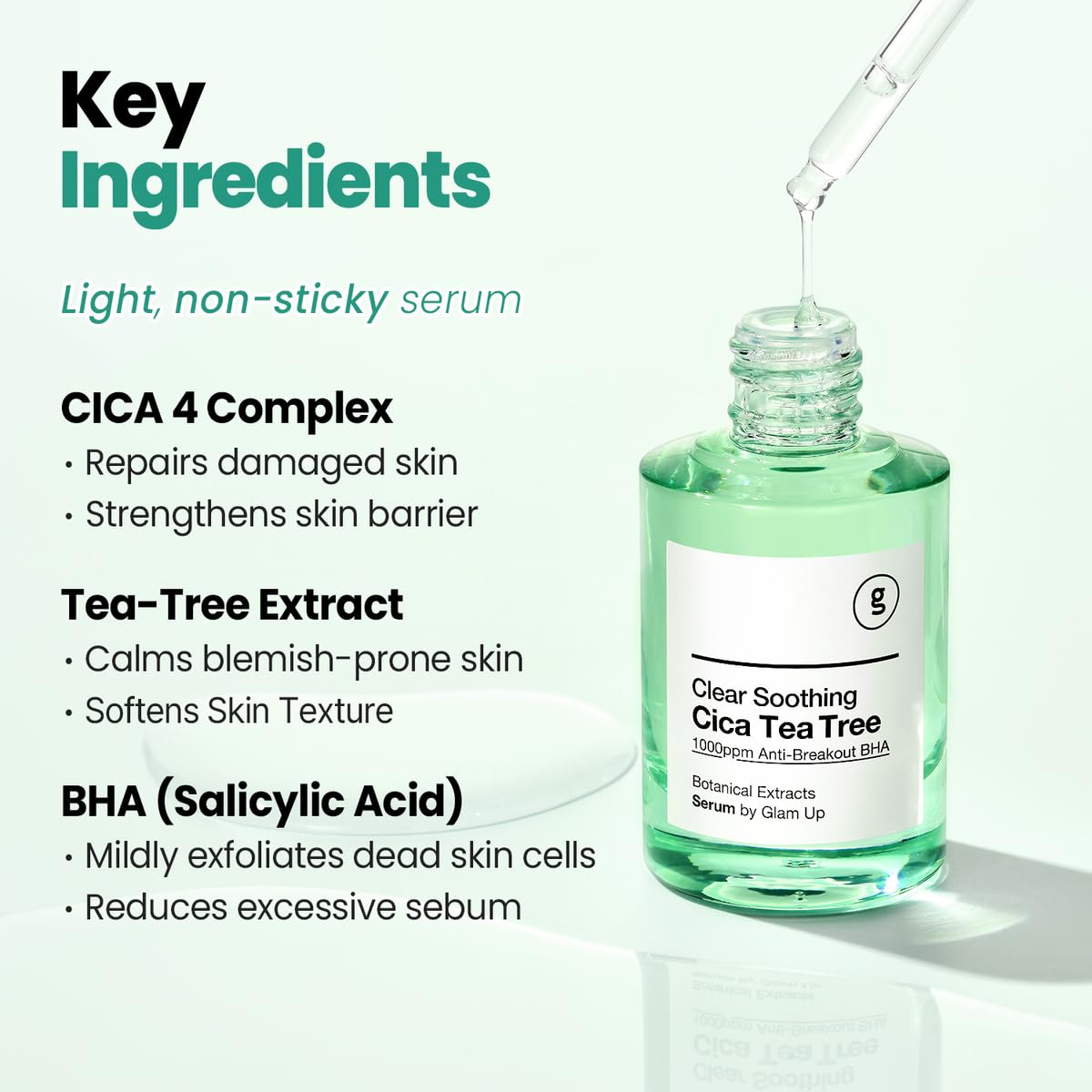 GLAM UP CICA Double Shot With HYALURON+BHA Calming Booster Acne Treatment with Centella Asiatica, Tea Tree Oil & Niacinmid for Acne Breakout, Blackhead Treatment, Sensitive Skin Care 30ml(1.12 Fl Oz)