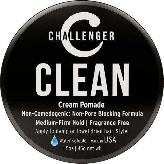 Challenger Men’s Clean Cream Pomade, 1.5 Ounce | Fragrance Free, Non-Comedogenic Hair Styling Product | Medium Firm Hold & Natural Finish | Shine Free, Unscented, Water Based & Travel Friendly