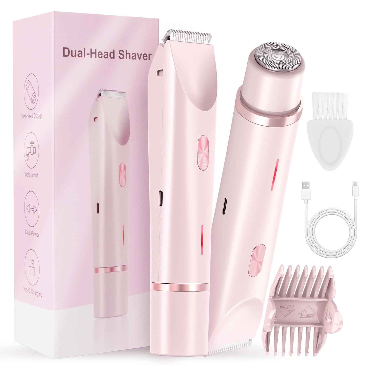 2025 Glow Aura Womens Shaver, 2-in-1 Women's Body Shaver, Dual Head Bikini Electric Razor for Women, IPX67 Waterproof Wet & Dry Use Body Hair Trimmer (Pink)