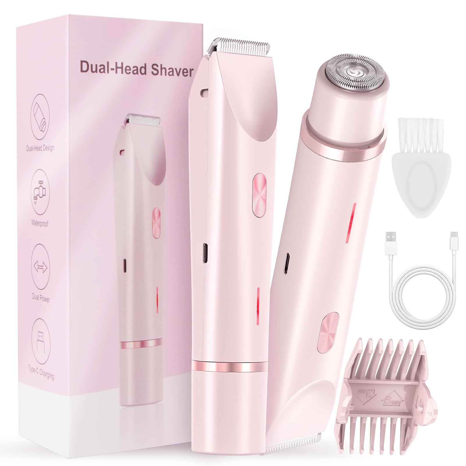 2025 Glow Aura Womens Shaver, 2-in-1 Women's Body Shaver, Dual Head Bikini Electric Razor for Women, IPX67 Waterproof Wet & Dry Use Body Hair Trimmer (Pink)