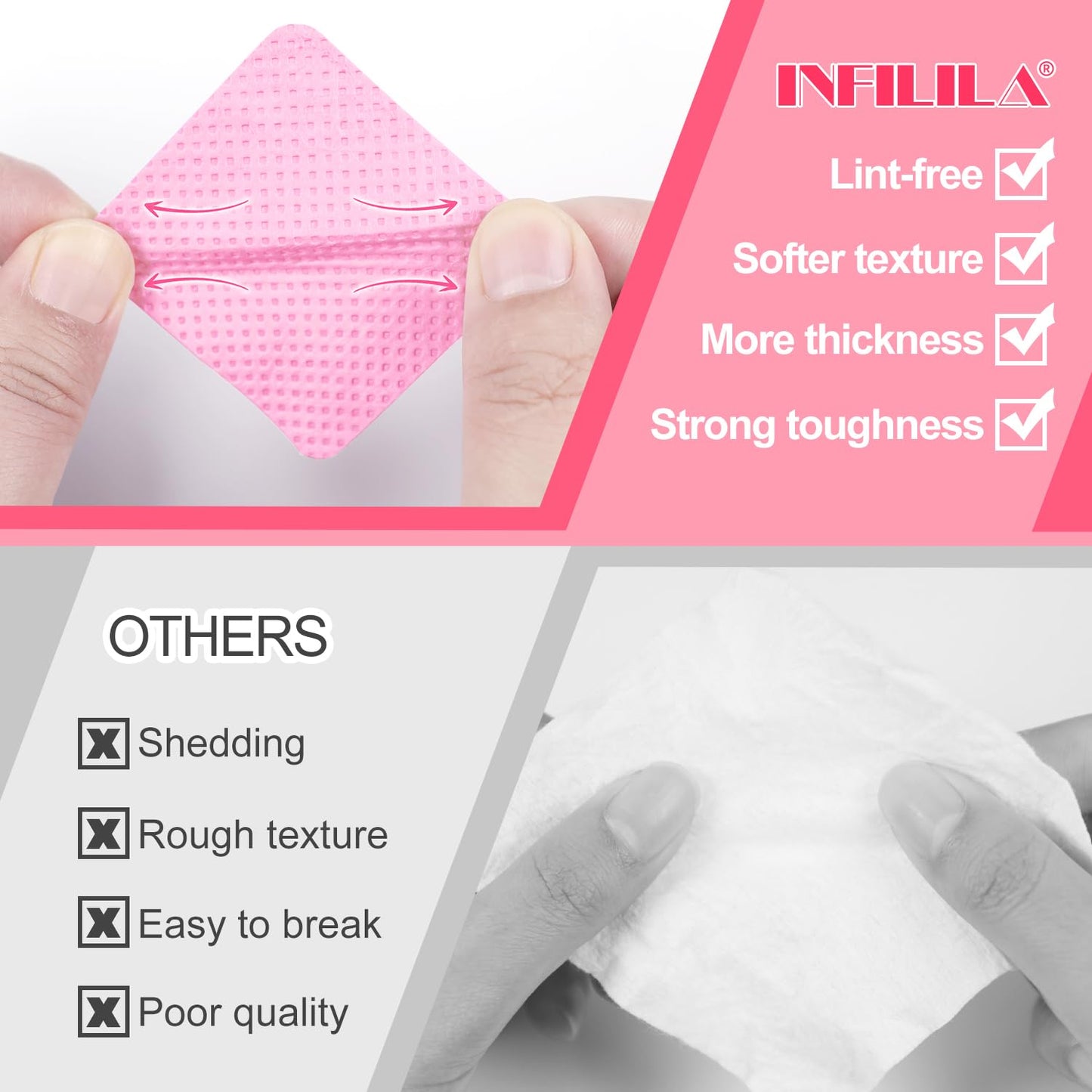 NXJ INFILILA Lint Free Nail Wipes, 1080PCS Nail Wipes for Gel Nails Lint Free, Non-Woven Fabric Nail Cleaning Pads, No Lint Nail Wipes Lash Extensions Glue Cleaning Wipes for Nail Supplies