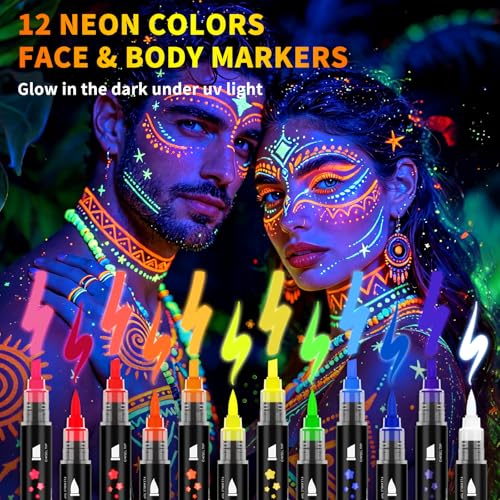 12-Color UV Body Paint Pens - Dual Tip Fluorescent Markers