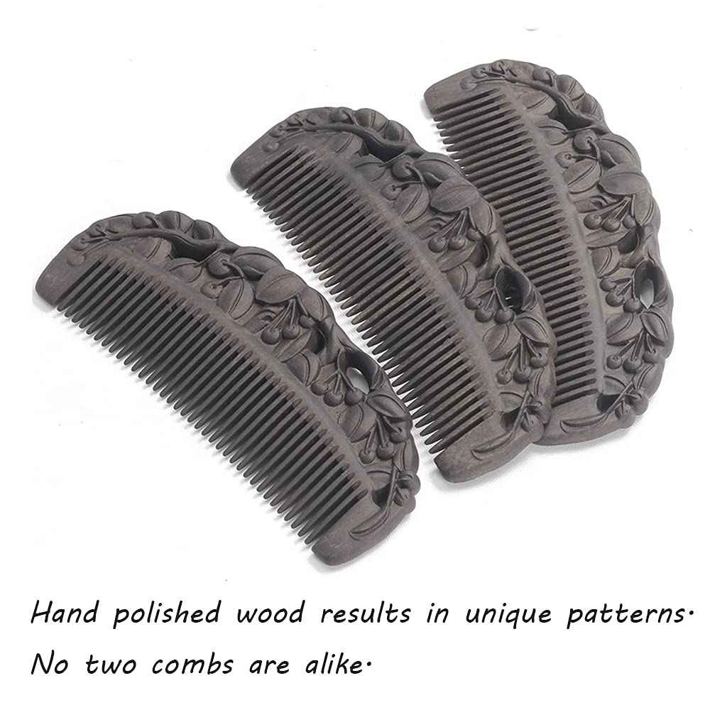 Sitronugras Black Sandalwood Natural Hair Comb, Ebony Carved Fine Tooth Wooden Comb- Anti-Static No Snag Handmade Hair Wood Comb for Women Men - with gift box