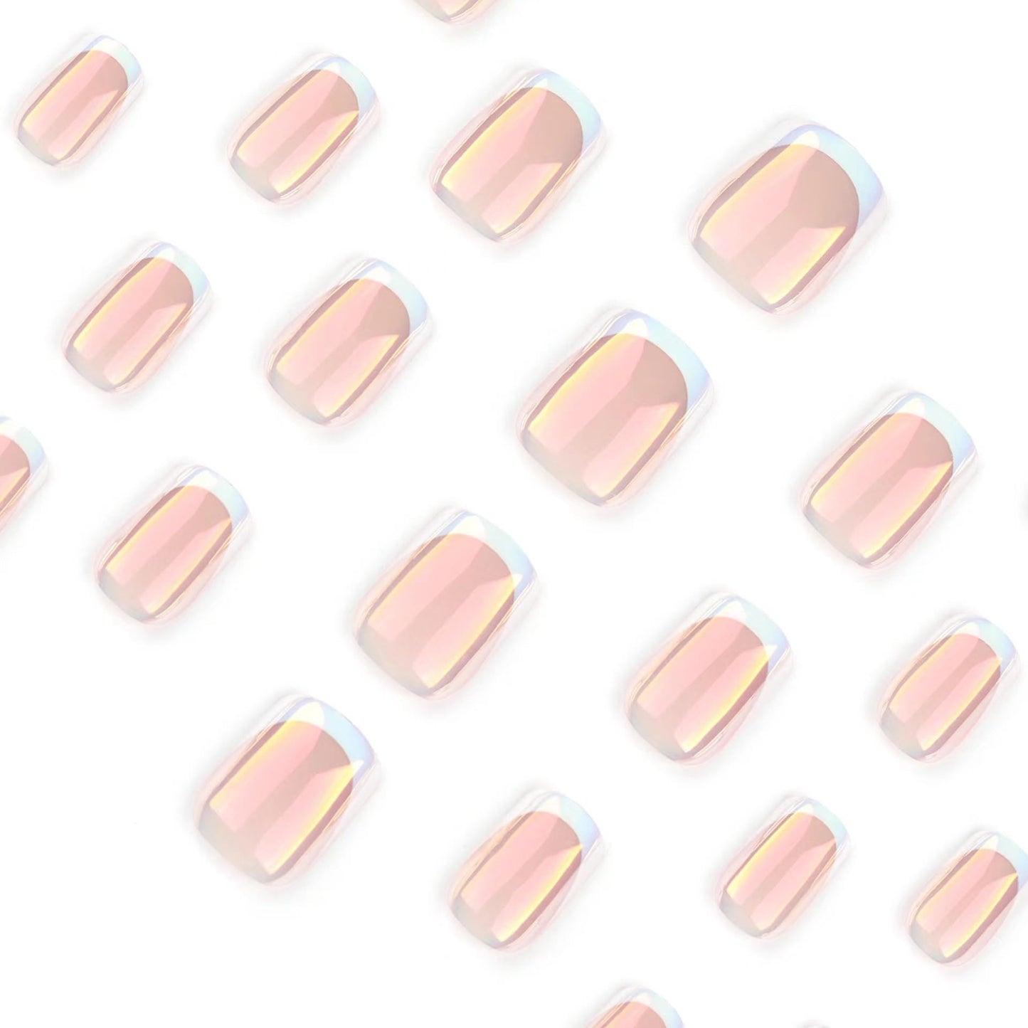 Chrome Press on Nails White French Tip Fake Nails Short Square False Nails with Design Aurora Glue on Nails Artificial Acrylic Nails Full Cover Nude Stick on Nails for Women Girls Manicure 24Pcs