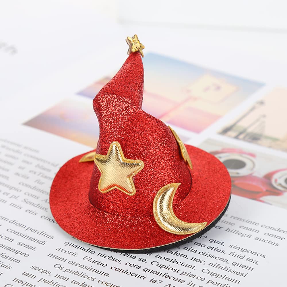 ZHOUMEIWENSP 2Pcs Mini Top Hat Hair Clips Shining Star Moon Halloween Witch Hat Flet Hairpins Hair Barrettes Hair Accessories for Party Performance Props (Red&Yellow)