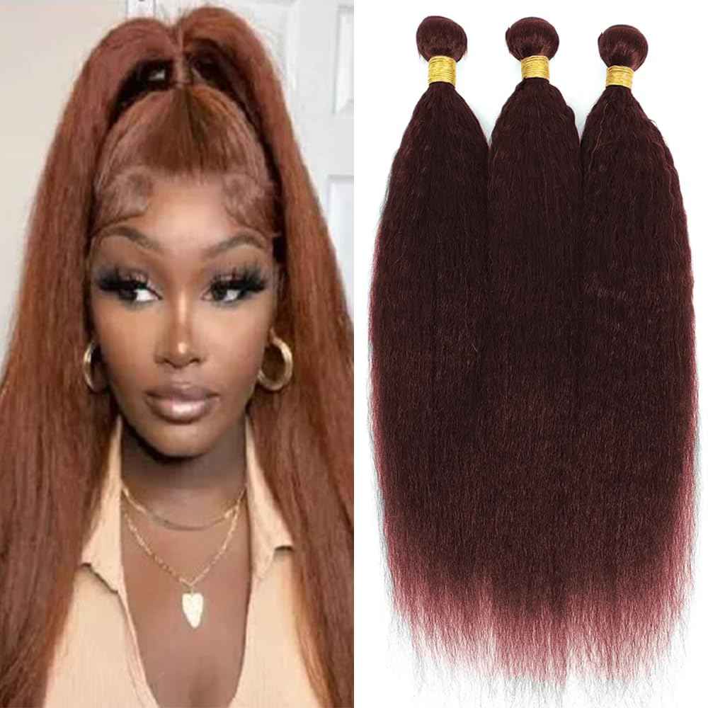 Color 33 Reddish Borwn Yaki Human Hair Bundles Copper Red Yaki Straight Bundles 10 10 10 Inch Double Weft Brazilian Virgin Reddish Brown Kinky Straight Human Hair Extensions