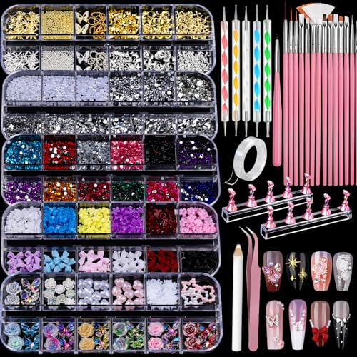 Teenitor DIY Nail Art Kit with 3D Charms, Rhinestones, Brushes & Stands
