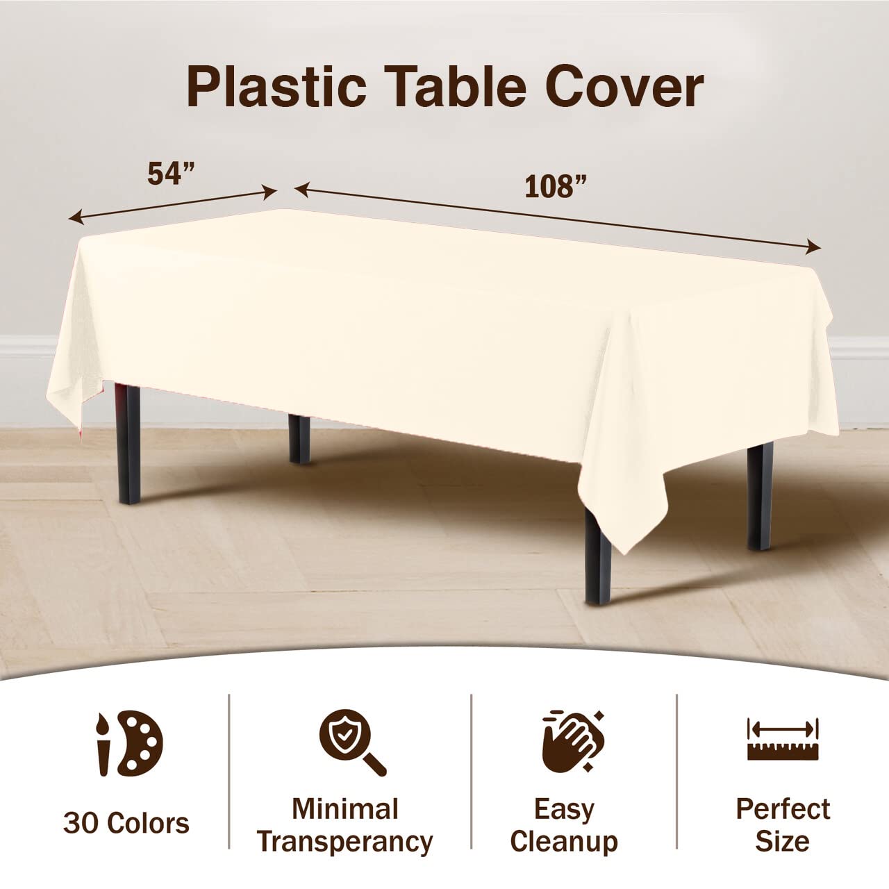 Exquisite 6-Pack Premium Plastic Tablecloth 54in. x 108in. Rectangle Plastic Table Cover - Ivory